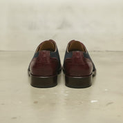 Men's Dark Blue and Burgundy Cap-Toe Crocodile-Embossed Leather and Canvas Oxfords — Garnett