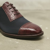 Men's Dark Blue and Burgundy Cap-Toe Crocodile-Embossed Leather and Canvas Oxfords — Garnett