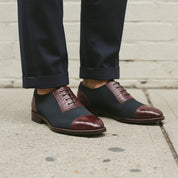 Men's Dark Blue and Burgundy Cap-Toe Crocodile-Embossed Leather and Canvas Oxfords — Garnett