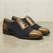 Men's Dark Blue and Tan Cap-Toe Crocodile-Embossed Leather and Canvas Oxfords — Garnett