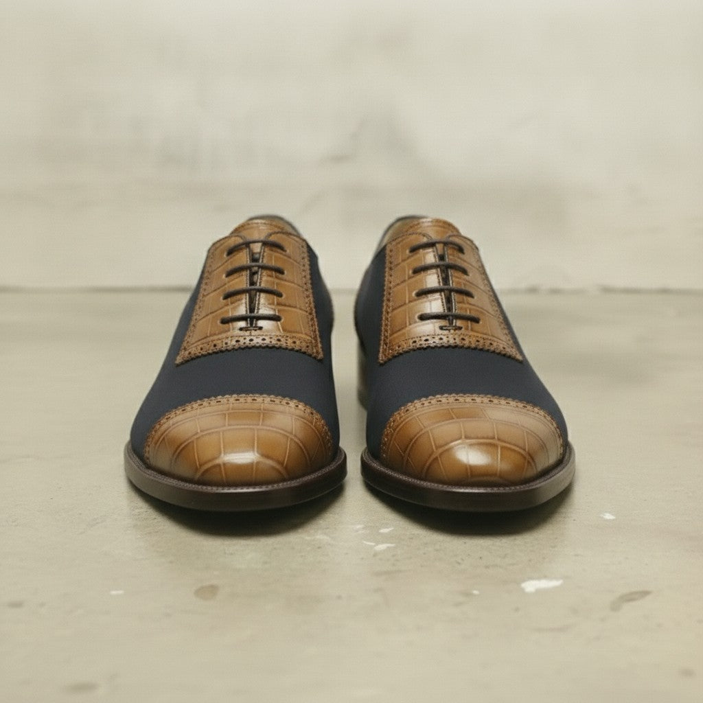 Men's Dark Blue and Tan Cap-Toe Crocodile-Embossed Leather and Canvas Oxfords — Garnett