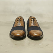 Men's Dark Blue and Tan Cap-Toe Crocodile-Embossed Leather and Canvas Oxfords — Garnett