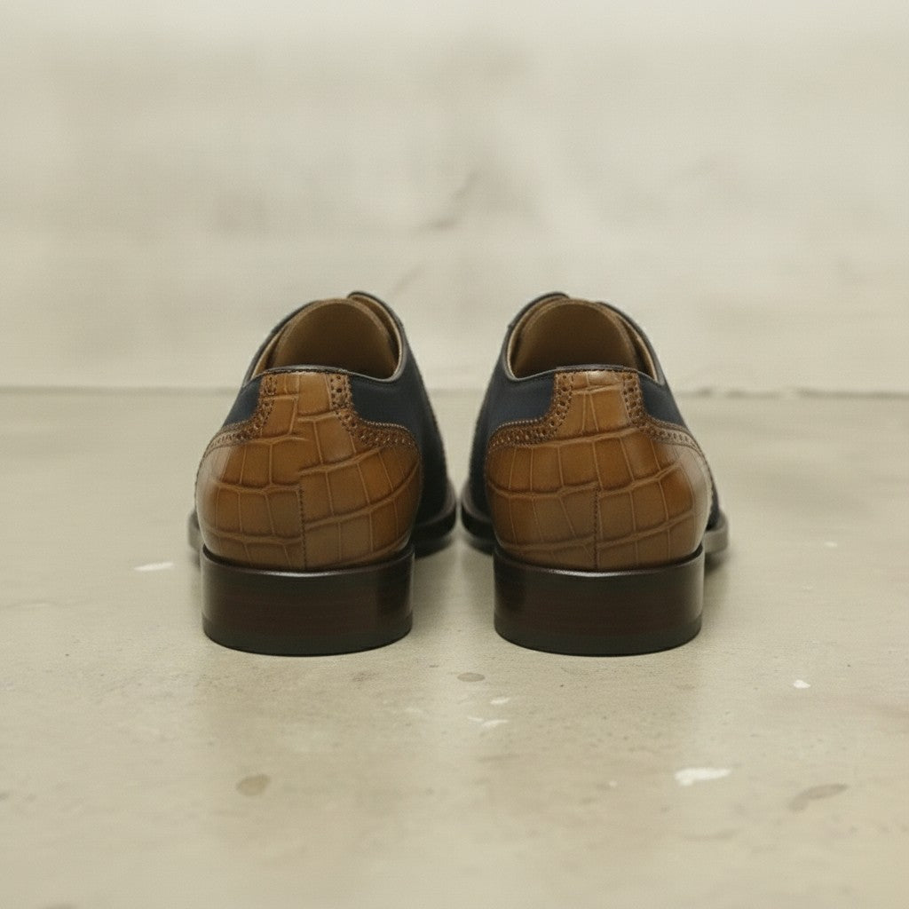 Men's Dark Blue and Tan Cap-Toe Crocodile-Embossed Leather and Canvas Oxfords — Garnett