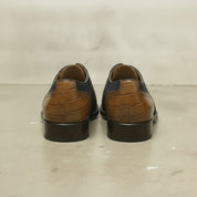 Men's Dark Blue and Tan Cap-Toe Crocodile-Embossed Leather and Canvas Oxfords — Garnett