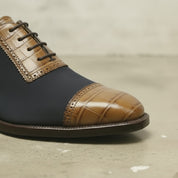 Men's Dark Blue and Tan Cap-Toe Crocodile-Embossed Leather and Canvas Oxfords — Garnett