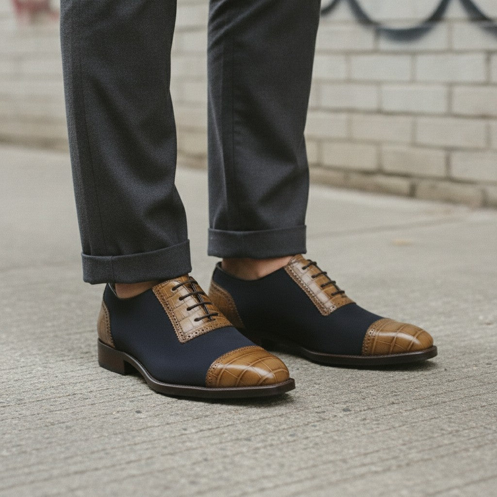 Men's Dark Blue and Tan Cap-Toe Crocodile-Embossed Leather and Canvas Oxfords — Garnett