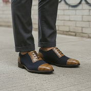 Men's Dark Blue and Tan Cap-Toe Crocodile-Embossed Leather and Canvas Oxfords — Garnett