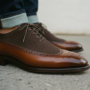 Men's Dark Brown and Cognac Wingtip Leather Spectator Oxfords — Stephenson — Stephenson