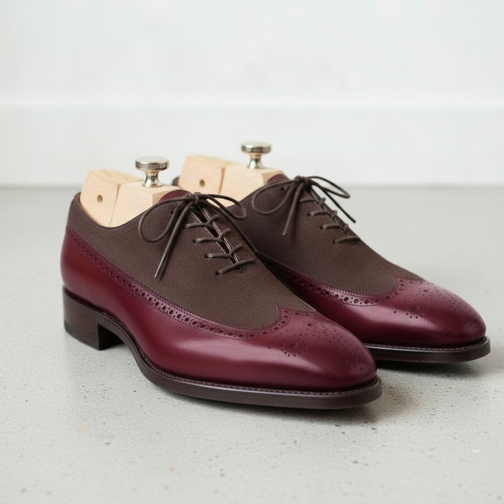 Men's Burgundy and Cognac Wingtip Leather Spectator Oxfords — Stephenson