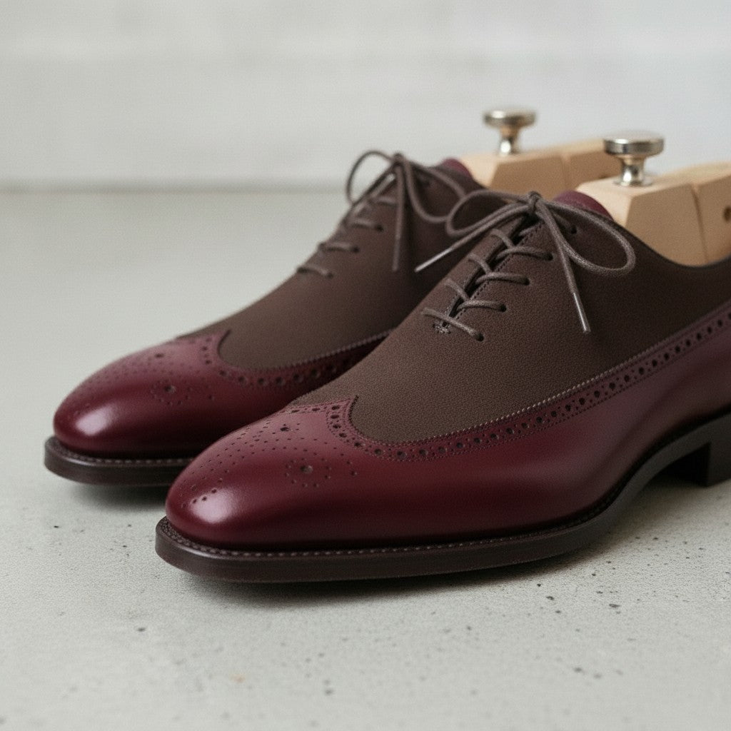 Men's Burgundy and Cognac Wingtip Leather Spectator Oxfords — Stephenson