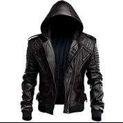Men's Black Hooded Leather Biker Jacket