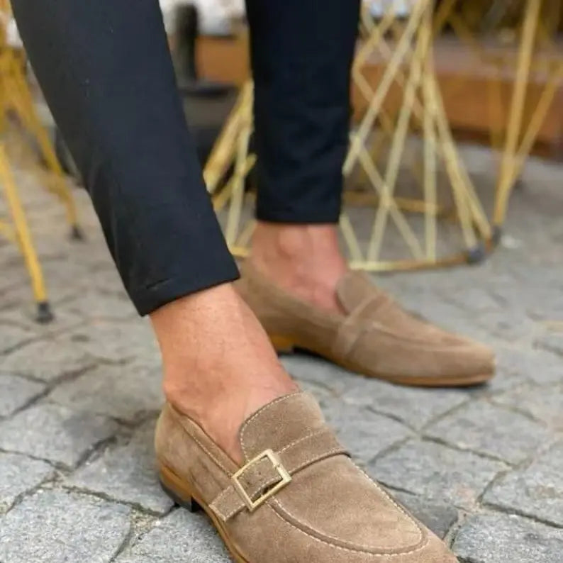 Men's Taupe Moc-Toe Suede Buckle Loafers — Abborfield
