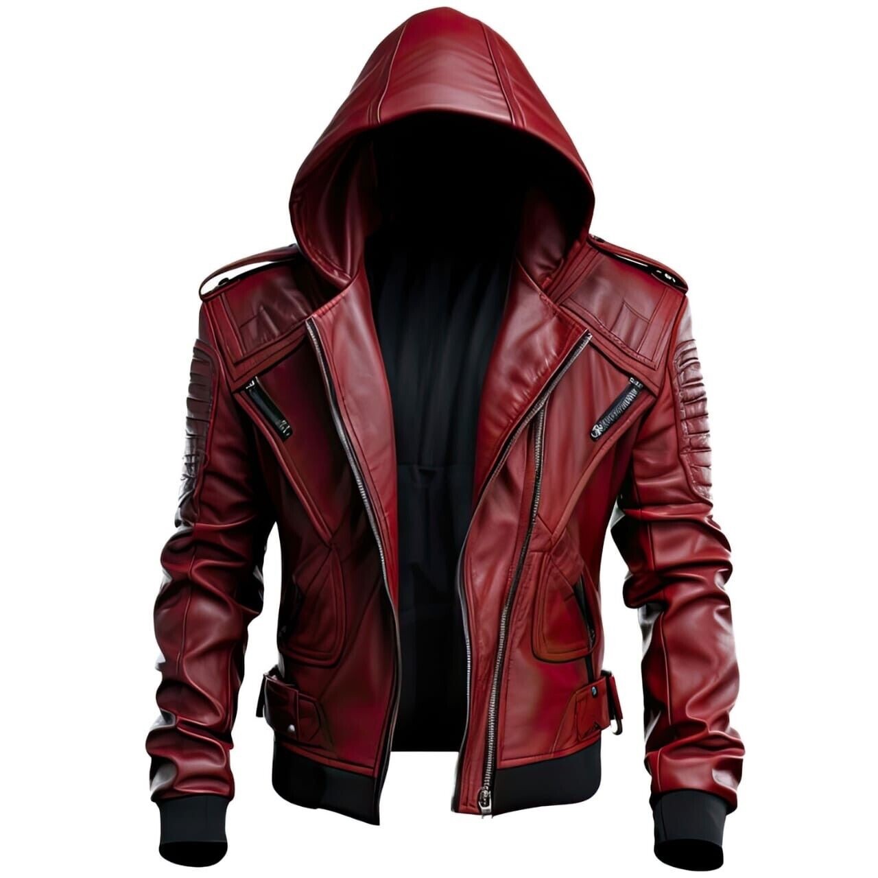 Men's Burgundy Hooded Leather Biker Jacket