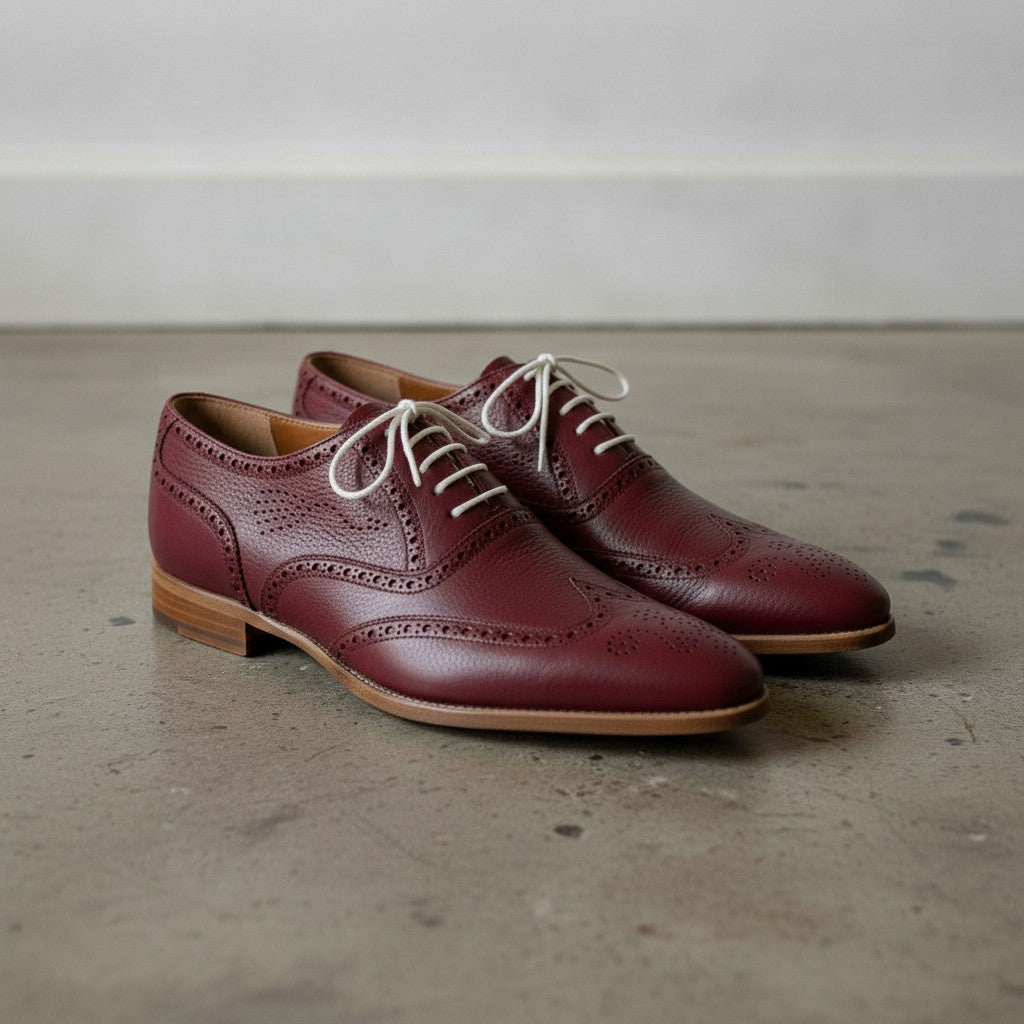 Men's Burgundy Wingtip Pebbled Leather Oxfords — Chigwell