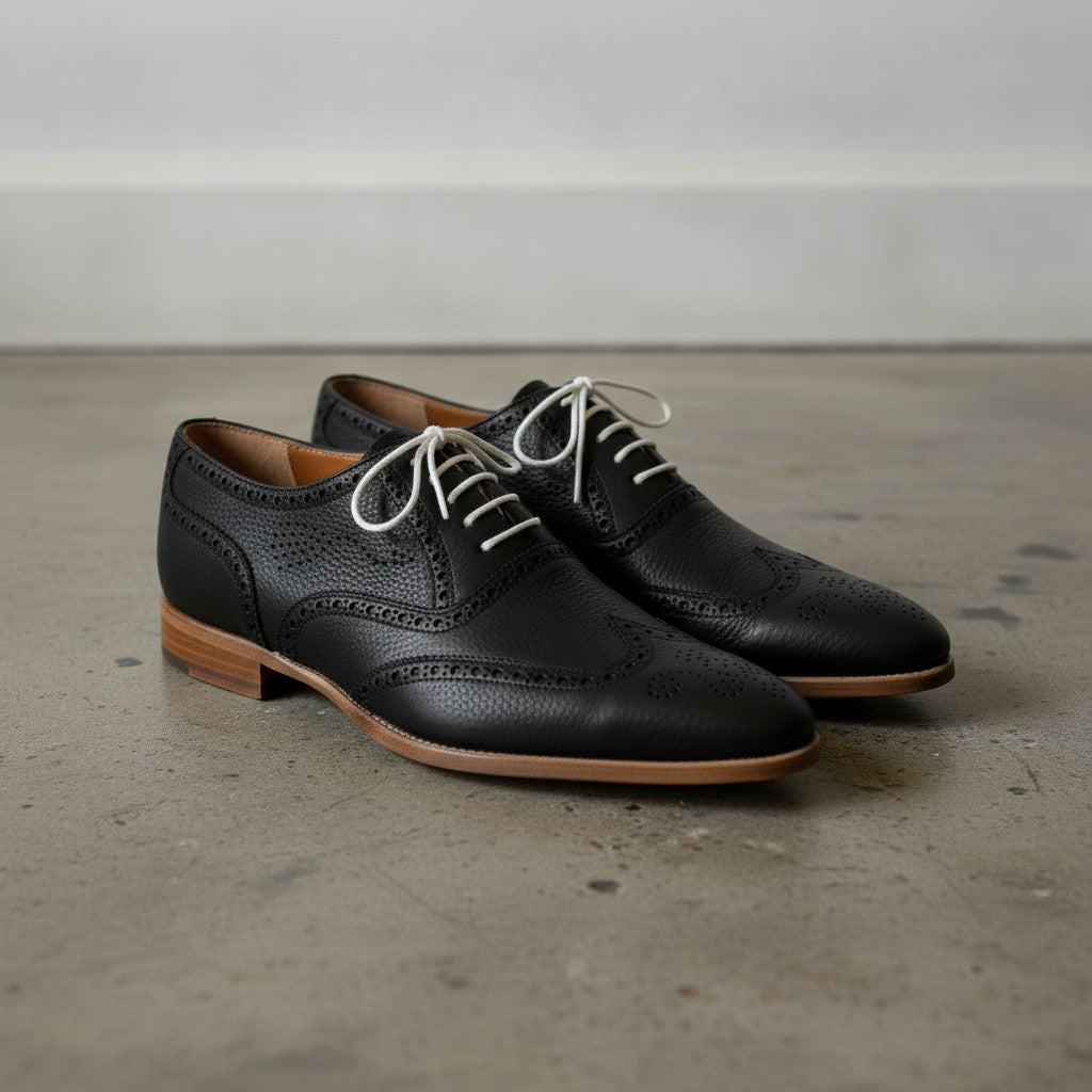 Men's Black Wingtip Pebbled Leather Oxfords — Chigwell