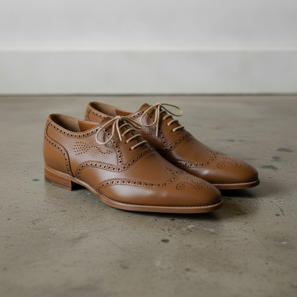Men's Brown Wingtip Pebbled Leather Oxfords — Chigwell