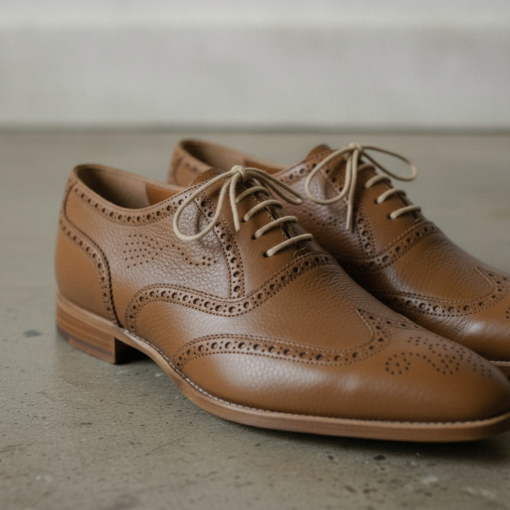 Men's Brown Wingtip Pebbled Leather Oxfords — Chigwell