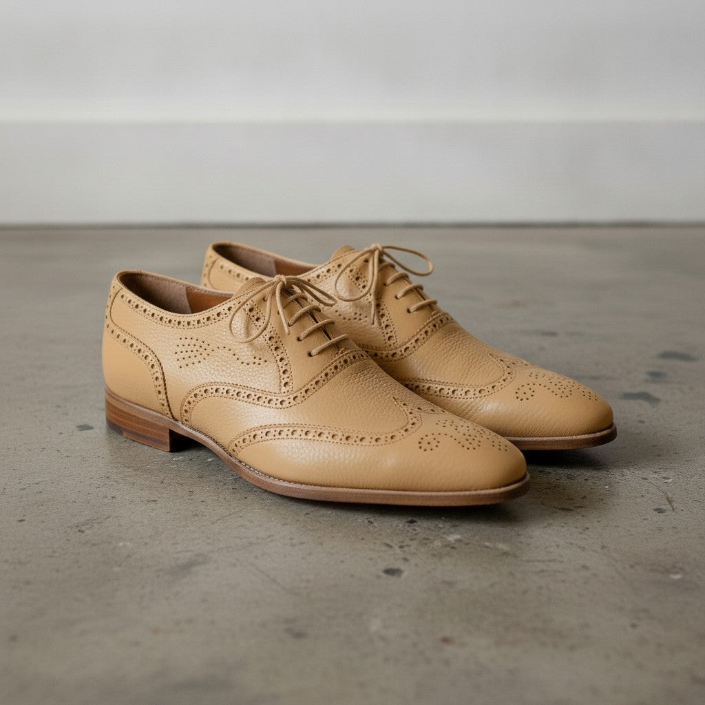 Men's Tan Wingtip Pebbled Leather Oxfords — Chigwell