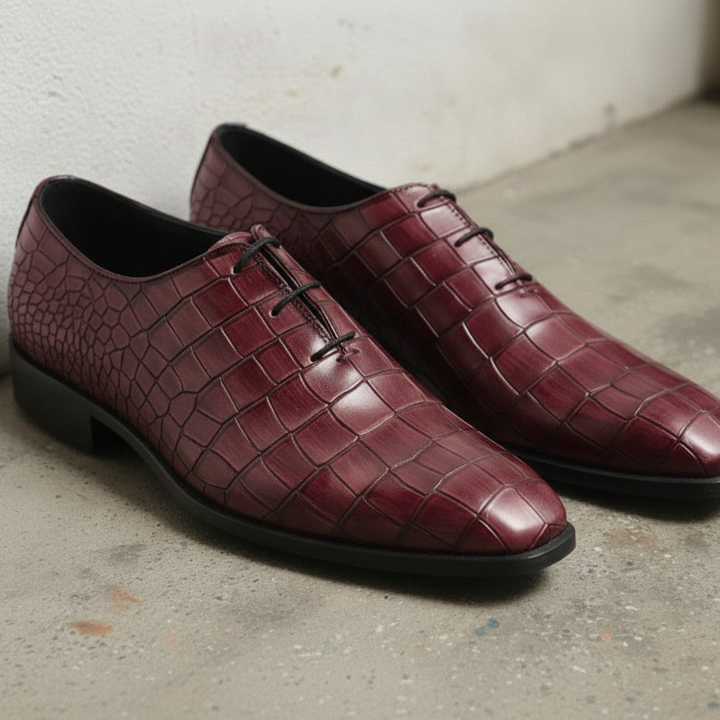Men's Burgundy Alligator-Embossed Leather Oxfords — Amhurst