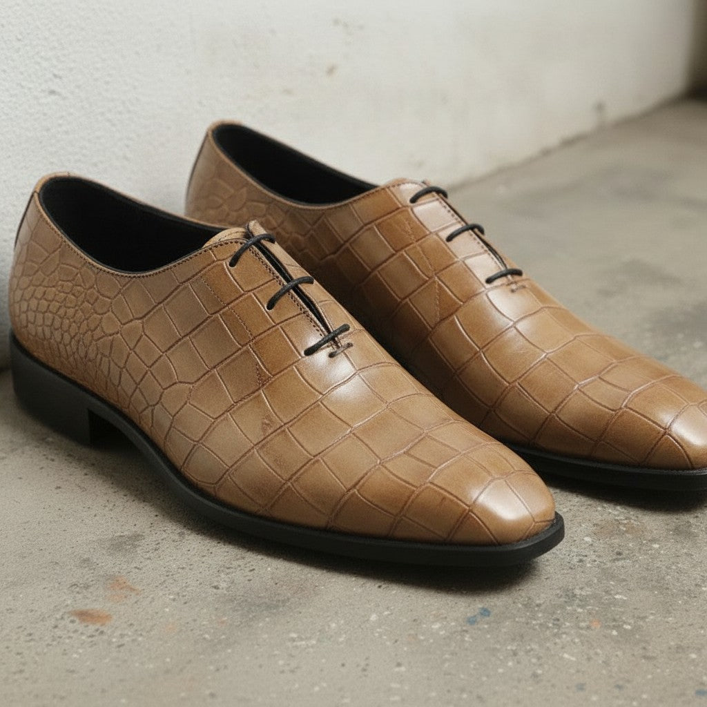 Men's Tan Alligator-Embossed Leather Oxfords — Amhurst