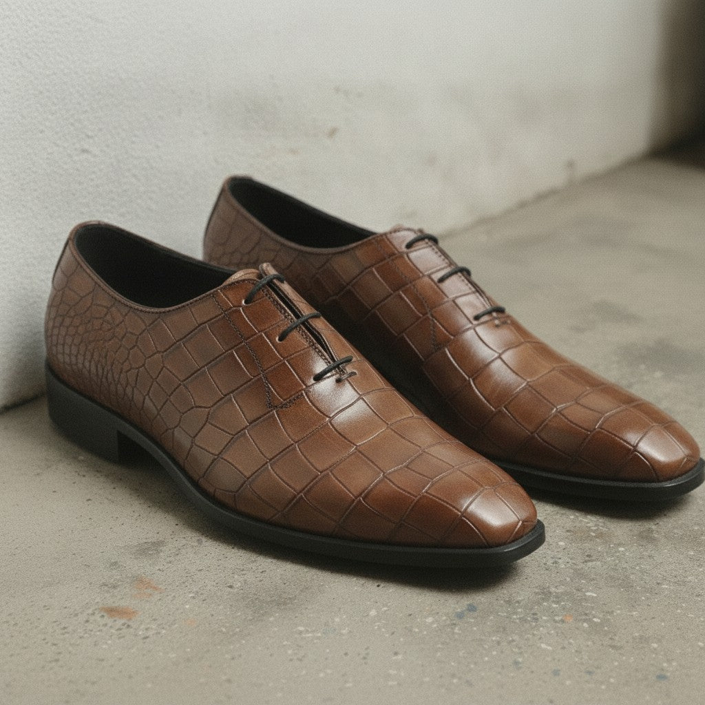 Men's Brown Alligator-Embossed Leather Oxfords — Amhurst