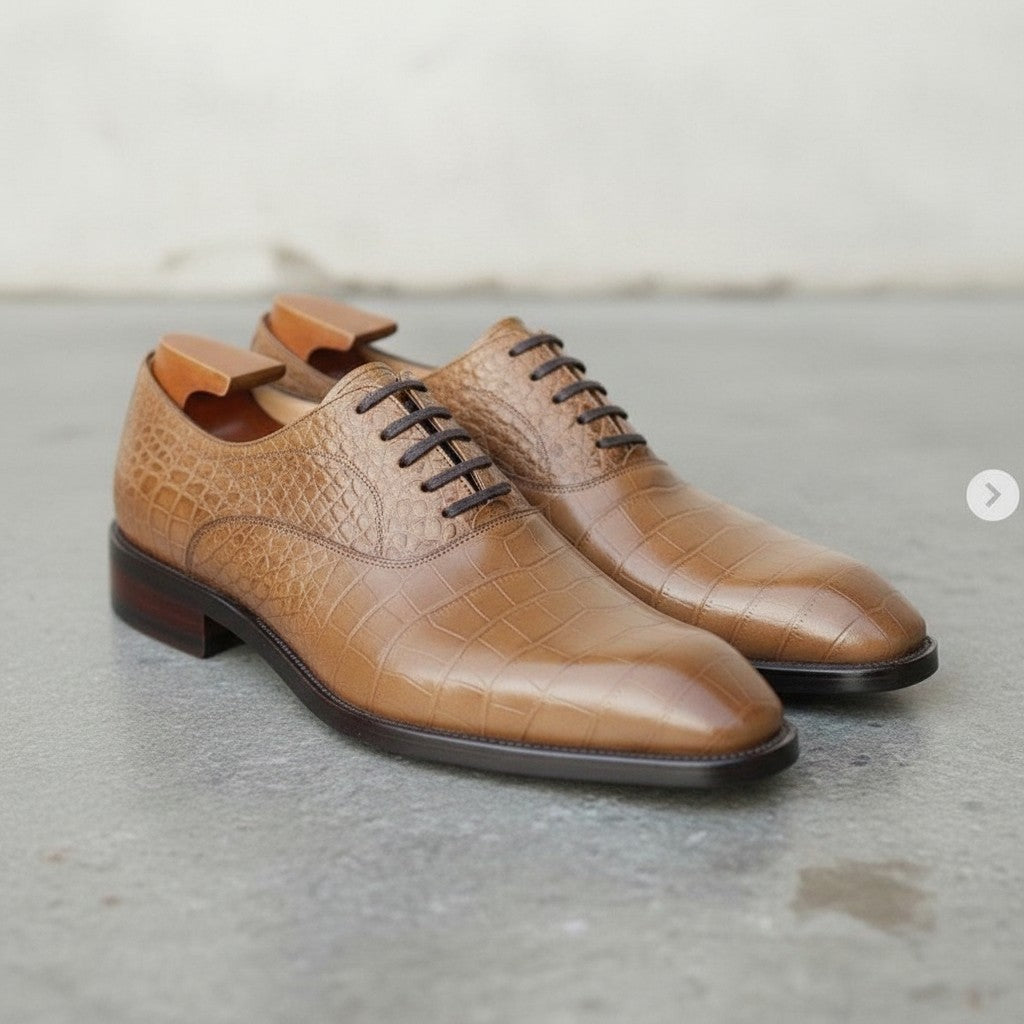 Handmade Men's Tan Alligator Texture Oxford Shoes — Copley