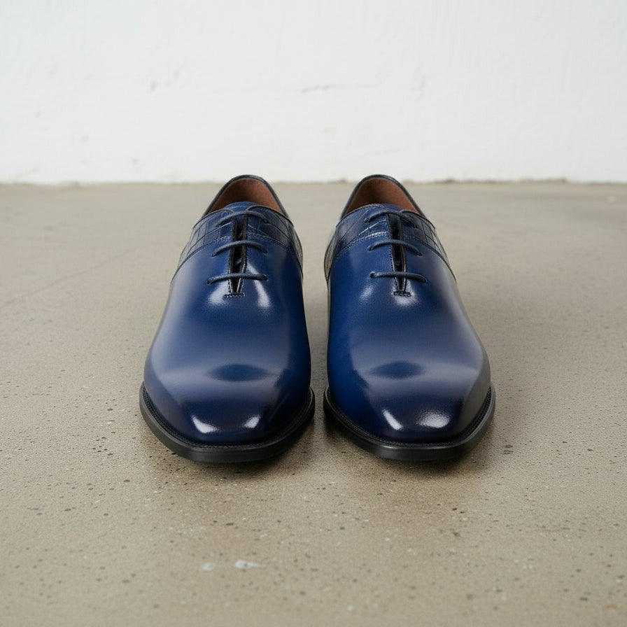 Men's Blue Plain-Toe Crocodile-Embossed Leather Oxfords — Esmond — Esmond