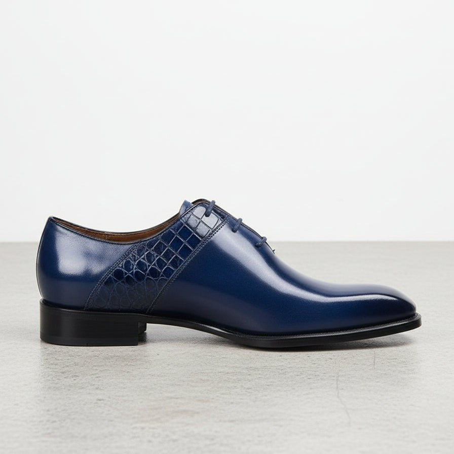 Men's Blue Plain-Toe Crocodile-Embossed Leather Oxfords — Esmond — Esmond