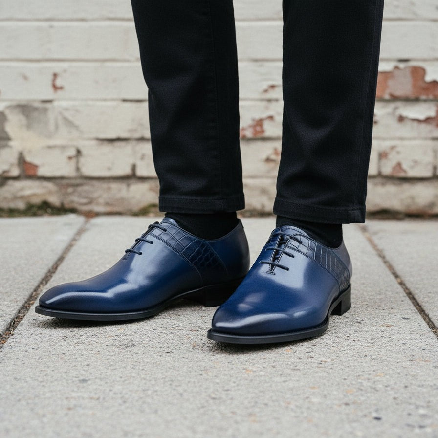 Men's Blue Plain-Toe Crocodile-Embossed Leather Oxfords — Esmond — Esmond