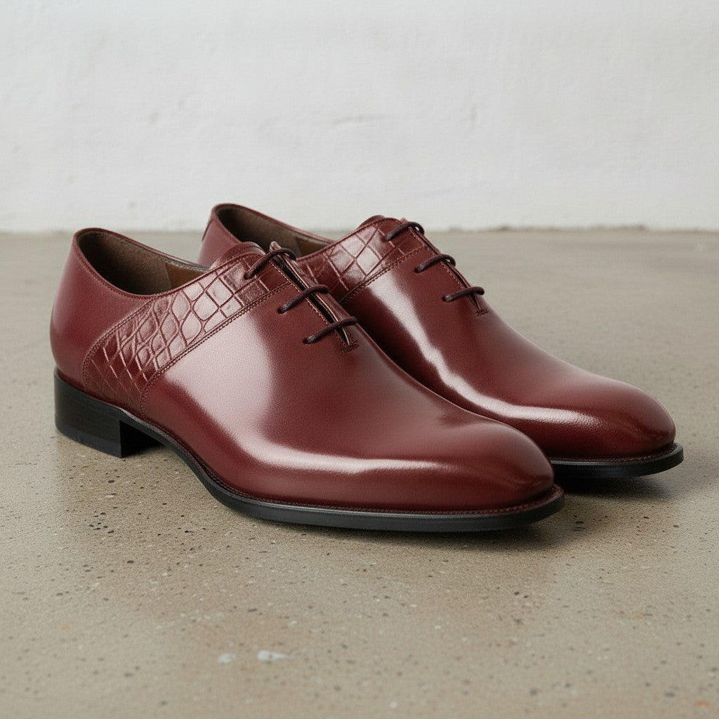 Men's Burgundy Plain-Toe Crocodile-Embossed Leather Oxfords — Esmond