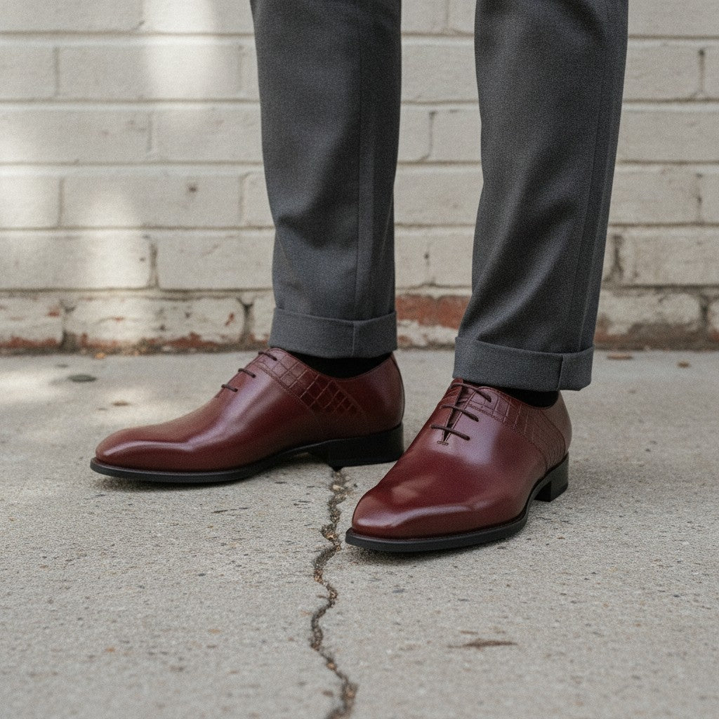 Men's Burgundy Plain-Toe Crocodile-Embossed Leather Oxfords — Esmond