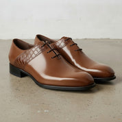 Men's Brown Plain-Toe Crocodile-Embossed Leather Oxfords — Esmond