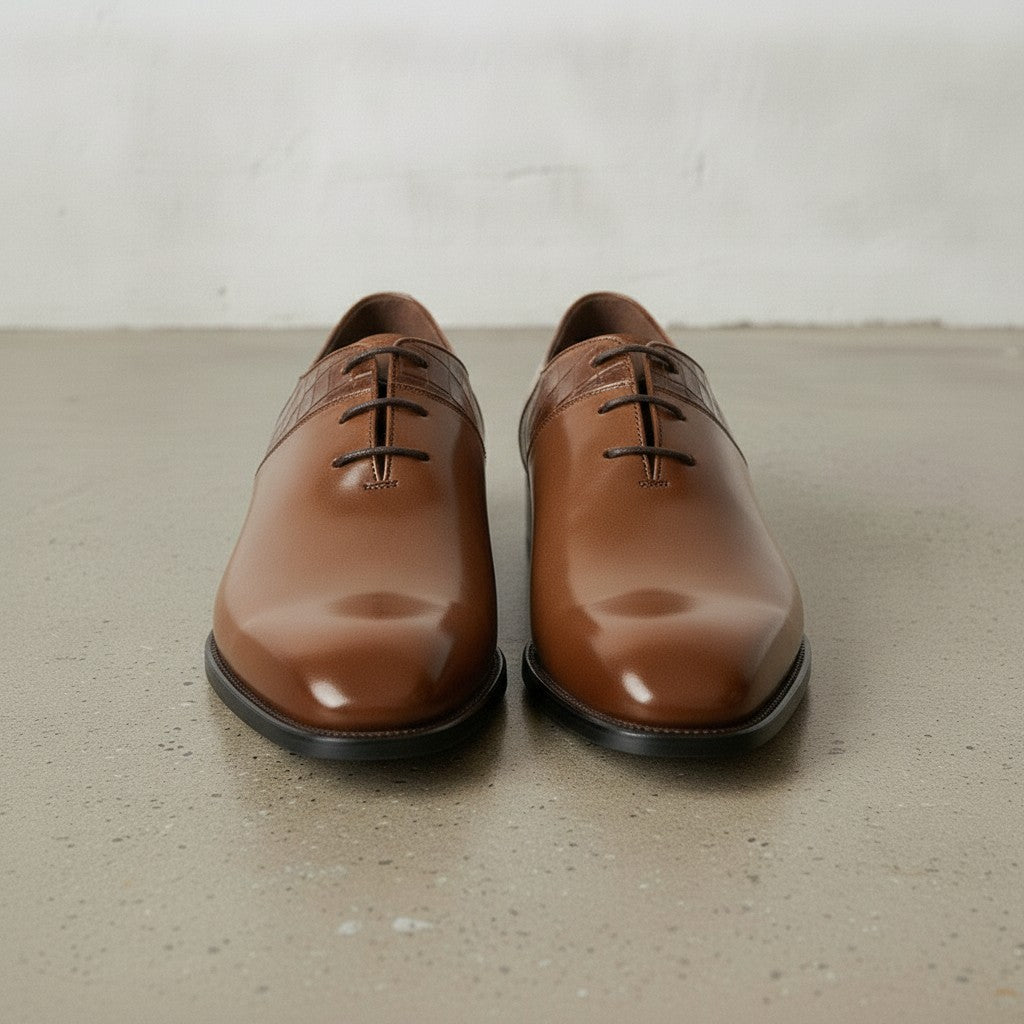Men's Brown Plain-Toe Crocodile-Embossed Leather Oxfords — Esmond