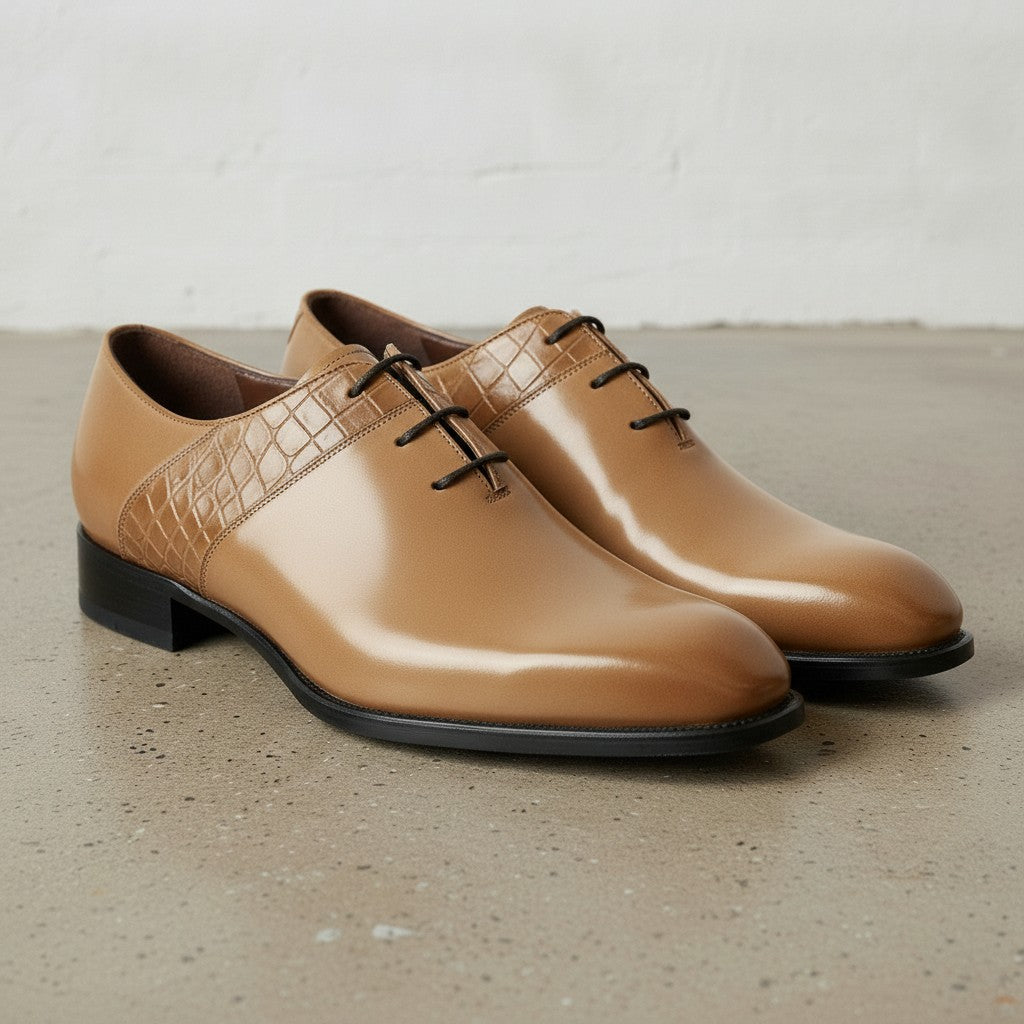 Men's Tan Plain-Toe Crocodile-Embossed Leather Oxfords — Esmond