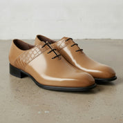 Men's Tan Plain-Toe Crocodile-Embossed Leather Oxfords — Esmond
