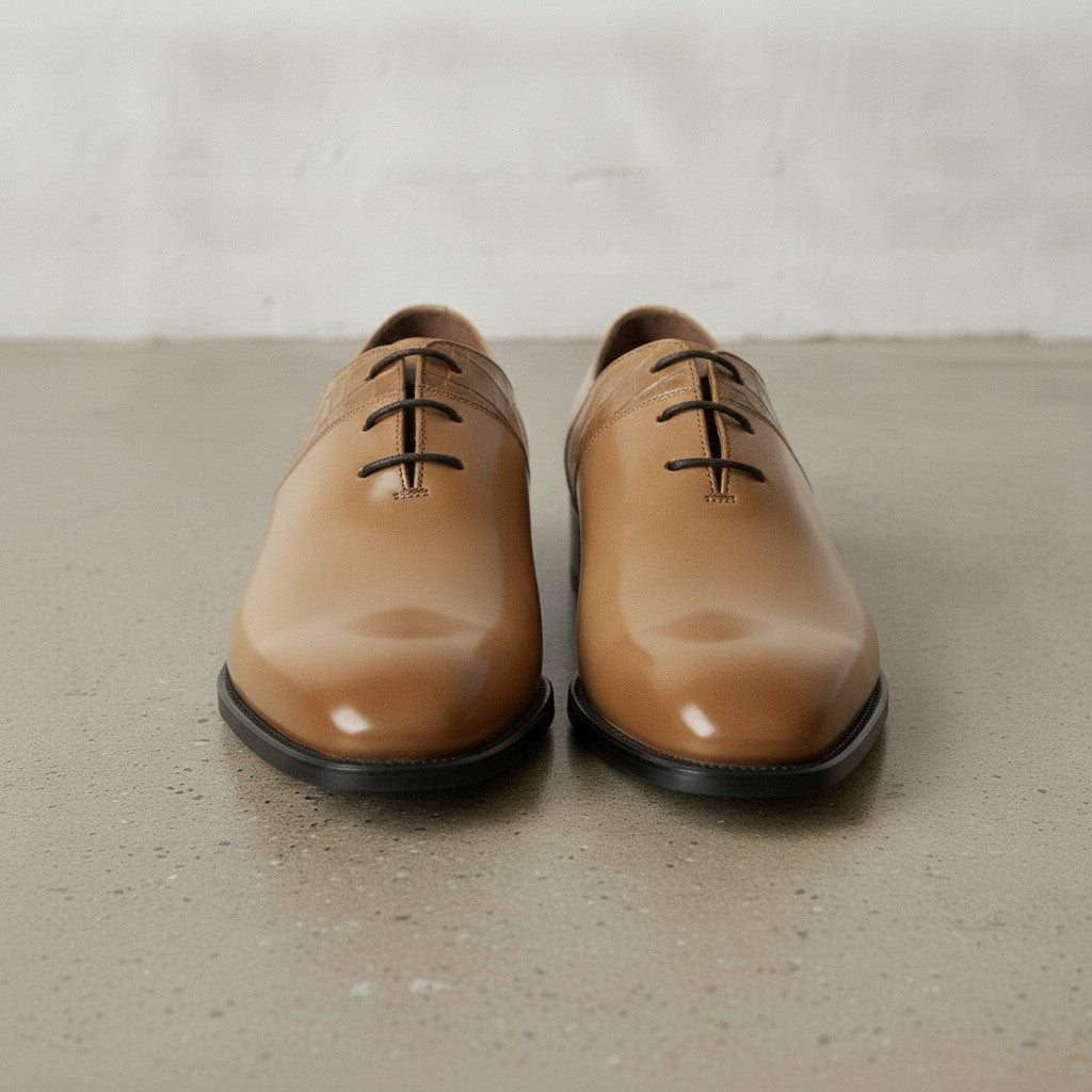 Men's Tan Plain-Toe Crocodile-Embossed Leather Oxfords — Esmond