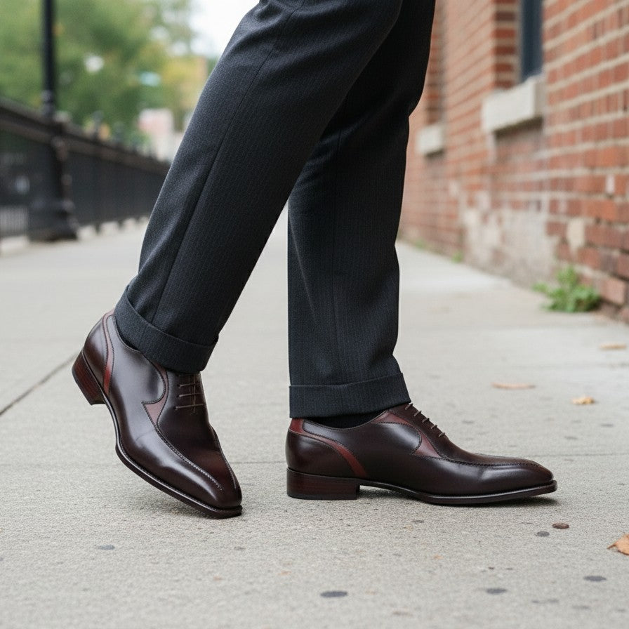 Men's Dark Brown and Burgundy Apron-Toe Leather Oxfords — Pinkerton — Pinkerton