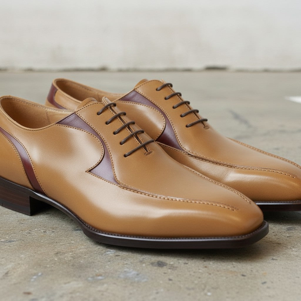 Men's Tan and Burgundy Apron-Toe Leather Oxfords — Pinkerton
