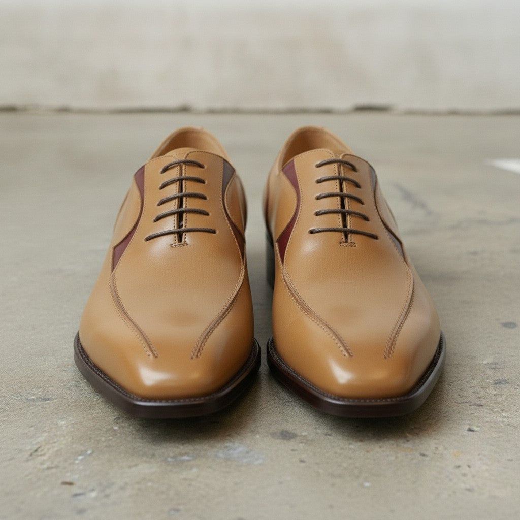 Men's Tan and Burgundy Apron-Toe Leather Oxfords — Pinkerton