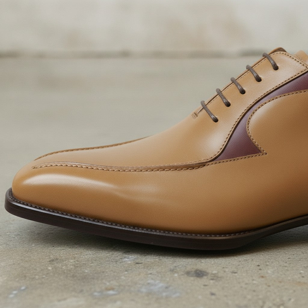 Men's Tan and Burgundy Apron-Toe Leather Oxfords — Pinkerton