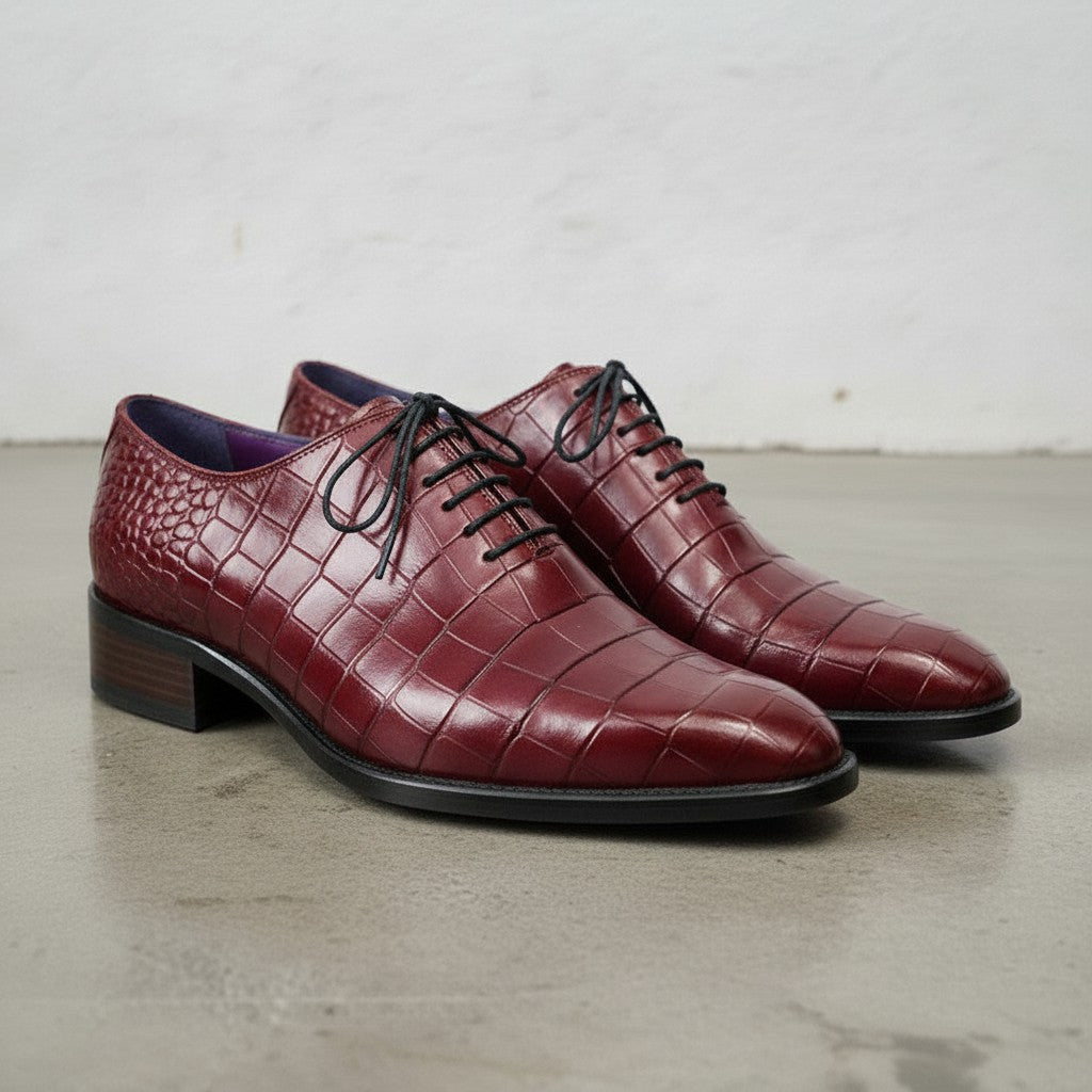 Men's Burgundy Crocodile-Embossed Leather Oxfords — Ascott