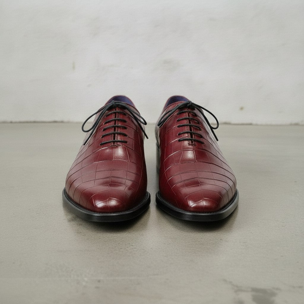 Men's Burgundy Crocodile-Embossed Leather Oxfords — Ascott