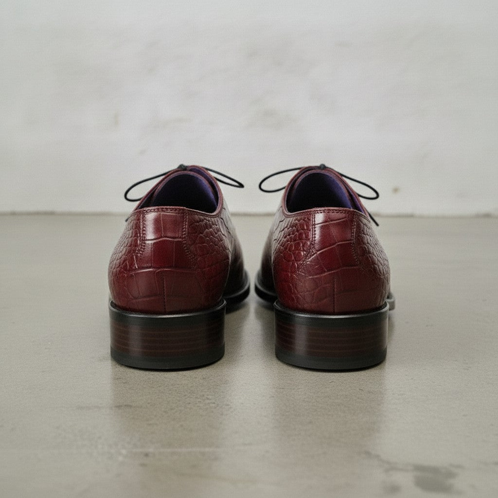 Men's Burgundy Crocodile-Embossed Leather Oxfords — Ascott