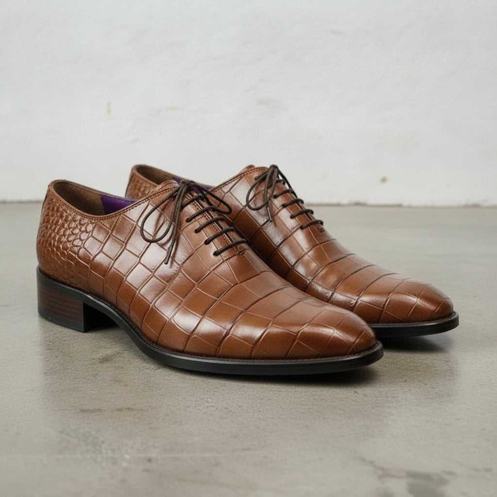 Men's Brown Crocodile-Embossed Leather Oxfords — Ascott