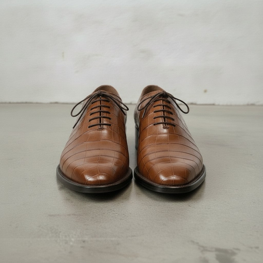 Men's Brown Crocodile-Embossed Leather Oxfords — Ascott