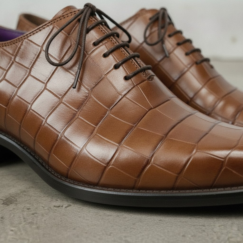 Men's Brown Crocodile-Embossed Leather Oxfords — Ascott