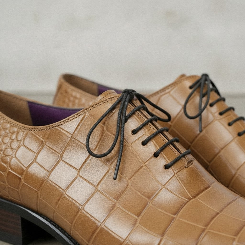 Men's Tan Crocodile-Embossed Leather Oxfords — Ascott