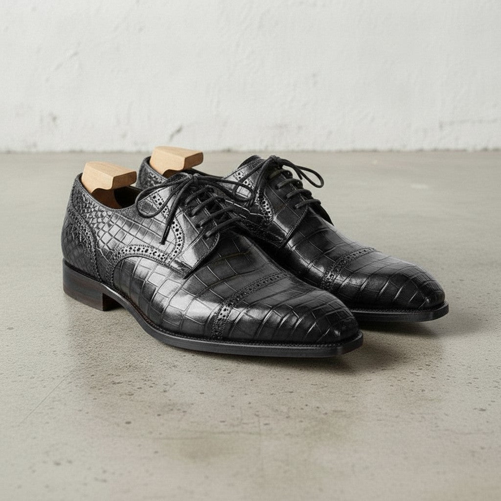 Black Crocodile-Embossed Leather Cap-Toe Derbies — Ayleson