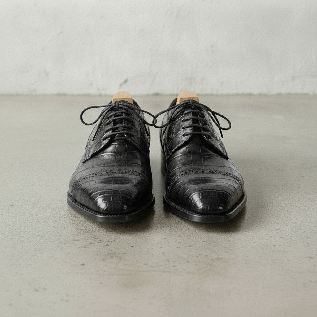 Black Crocodile-Embossed Leather Cap-Toe Derbies — Ayleson