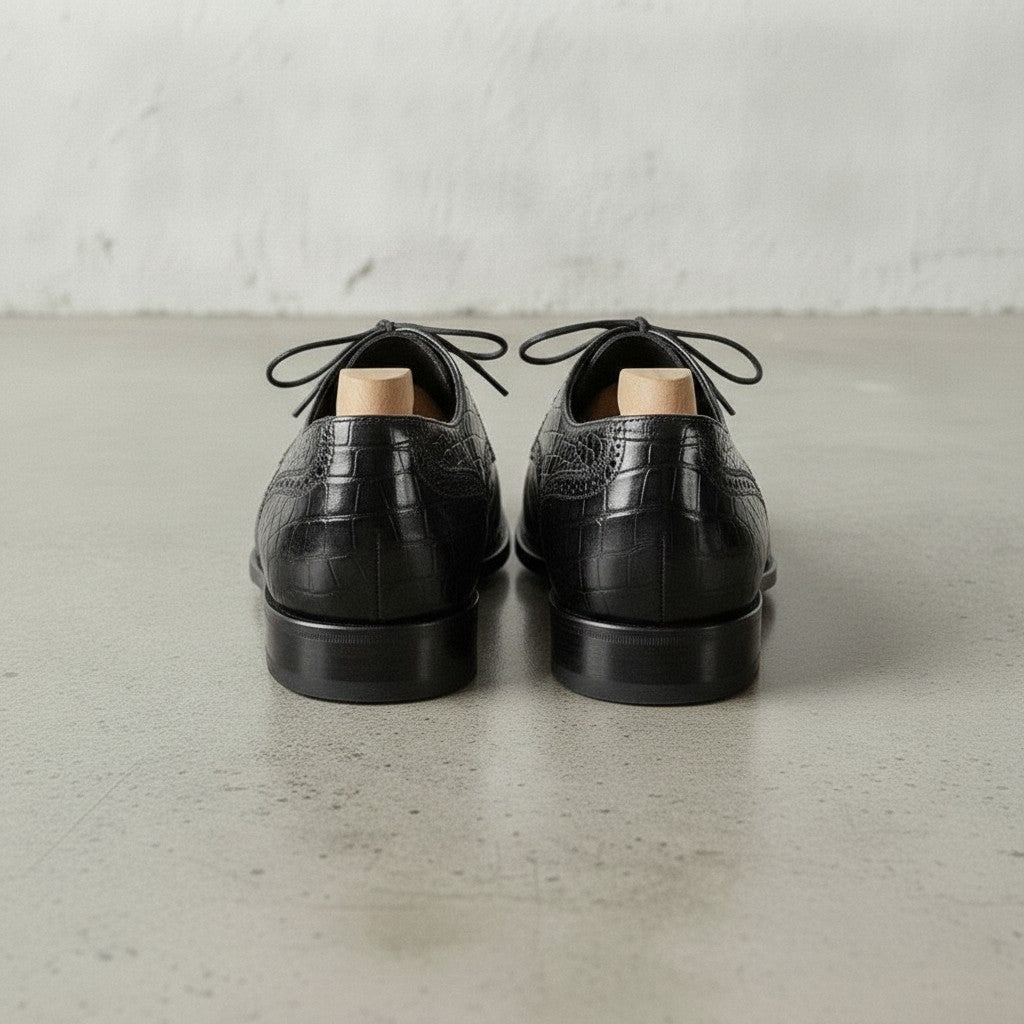 Black Crocodile-Embossed Leather Cap-Toe Derbies — Ayleson